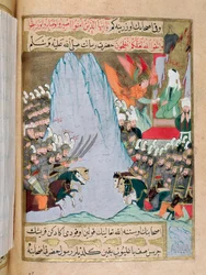 Islam: «Engelen Gabriel viser seg for Muhammed (Muhammad eller Mohammed), som han møtte på Hira-fjellet under et slag, og formidler Guds ord til ham ved å åpenbare en del av Koranen i 610. Profetens ansikt er tilslørt.» Miniatyr fra et tyrkisk manuskript