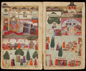 Kroningen av den osmanske sultanen Mehmed III (1566-1603) i Topkapı-palasset i 1595 (fra manuskriptet Mehmed IIIs felttog i Ungarn) - ca. 1600