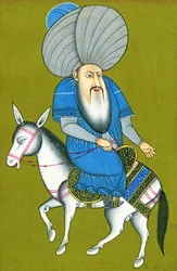 Nasreddin Hodja rir på hesten baklengs (akvarell på papir)
