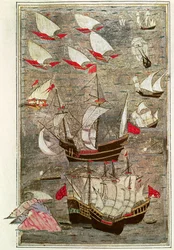 Den osmanske flåten til Tarik-y Bayezid (blekk og bladgull på vellum)