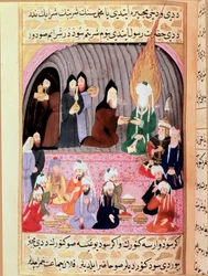Profeten Muhammad (Muhammad eller Muhammad) (570-632), med tildekket ansikt, blir på reise til Syria ønsket velkommen av kristne munker som serverer ham et måltid. Tyrkisk miniatyr fra 1700-tallet. Topkapi-museet, Istanbul, Tyrkia