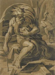 Diogenes, sittende foran tønnen, leser fra en bok, en plukket høne som står bak..., ca. 1527-30.