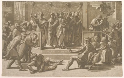 Ananias død, omgitt av apostler, 1518.