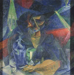 Dekomponering av kvinnefigur ved bordet av Umberto Boccioni (1882-1916), olje på lerret, 86x86 cm, ca 1912
