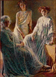 Tre kvinner. Alle tre kledd i hvitt symboliserer de livets tre aldre. Maleri av Umberto Boccioni (1882-1916), 1909-1910, Sol, 180 x 132 cm, privat samling