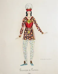 Kostyme til prinsen av Persia fra Turandot av Giacomo Puccini, skisse av Umberto Brunelleschi (1879-1949) for første forestilling av operaen på Teatro alla Scala i Milano, 25. april