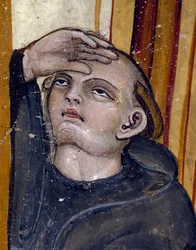 En munk som ser på himmelen. Detalj av det siste møtet 06/02/547 av Saint Benedict of Nursie og hans søster Ste Scholastic, noen dager før nonnens død - Fresco