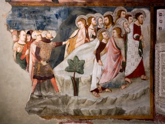 Flukten fra apostlene. Detalj. Freske av Umbria-skolen på 1400-tallet. Superior kirke. Klosteret Saint Benedetto (Sacro Speco), Subiaco (Roma), Italia