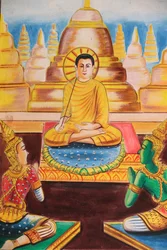 20151102, Vang Vieng, Laos: Maleri som skildrer livshistorien til Shakyamuni Buddha. Buddha viet seg til undervisning og tiltrakk seg hundrevis av tilhengere