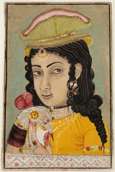 En europeisk dame som holder en flaske og kopp, ca. 1710-20.