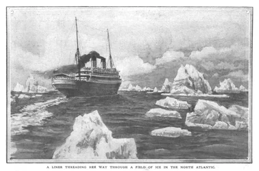 En rutebåt som trer seg gjennom et isfelt i Nord-Atlanteren, 20. april 1912.