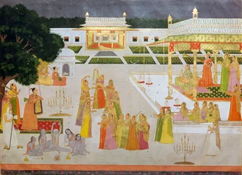 Et Mughal-maleri av en prinsesse og damene hennes som feirer Diwali