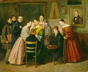 En maler og besøkende i et studio, ca. 1835.