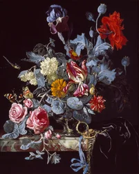 En vase med blomster med en klokke, midten av 1600-tallet