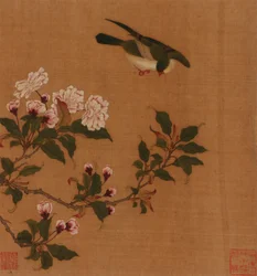 En fugl som svever over blomstrende grener, Qing-dynastiet, 1700-tallet.