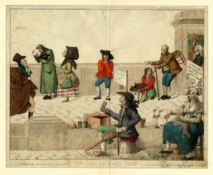 Et hjørne av Pont Neuf, Paris, med lamme tiggere og gateselgere, ca 1813.