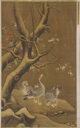 En gruppe gjess under snødekt selje og blomstrende trær, Ming-dynastiet, 1500-1700-tallet.