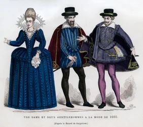 En dame og to herrer i fransk kjole fra 1605 1882-1884