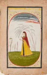 En dame i et sparsomt landskap, holder en blomst og kopp, tidlig på 1800-tallet