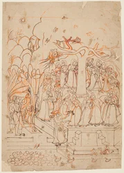 Et blad fra en Baramasa-serie: Måneden Jyestha mai-juni ser Krishna på Gopis..., ca. 1760.