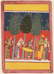 En side fra en Rasikapriya-serie: Krishna og Radha og Sakhiene med musikkinstrumenter, ca. 1650