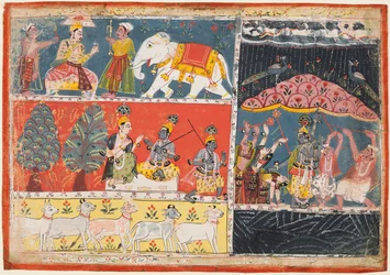 En side fra Bhagavata Purana: Indra sender en strøm av regn, Krishna løfter Govardhana-fjellet, 1686.