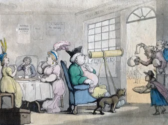 En overbærende herre som ser gjennom et teleskop, 1800-tallet
