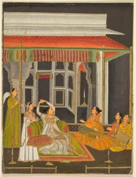 En prinsesse på en terrasse med ledsagere om natten recto, kalligrafi verso, ca. 1760.