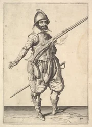 En soldat på vakt som frigjør høyre hånd, fra Marksmen-serien, plate 37, i Wapenhandeli....