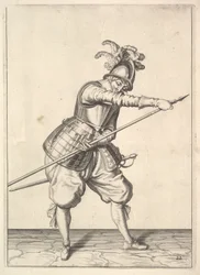 En soldat som skyver høyre hånd langs treningsgjedda, fra Lansquenets-serien, plate 2....