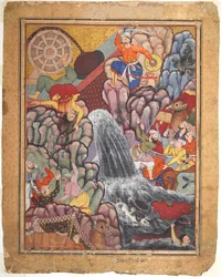 Alamshah som kløver kjeden på hjulet, fra bind 11 av en Hamza-nama..., ca. 1560-1570