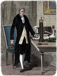 Alessandro Volta, italiensk fysiker, demonstrerer sitt elektriske haugbatteri, c1800 c1870