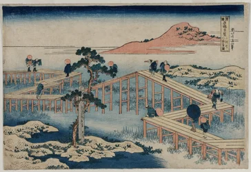 Et eldgammelt bilde av broen med åtte deler i Mikawa-provinsen ... tidlig på 1830-tallet.