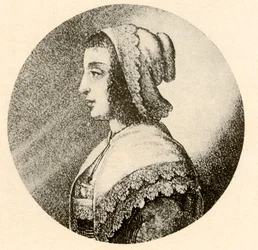 En engelsk kvinne i coif og tørkle trimmet med Vandyke blonder, 1640, 1937.