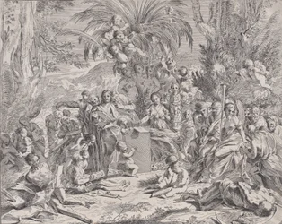 En allegori over maleriet, som som barn i midten til venstre tegner på en tavle, surrou..., 1650-1700.