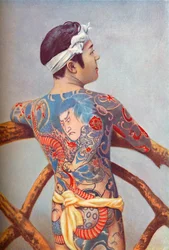En forseggjort tatovert japansk mann, 1902