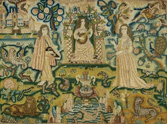 Et brodert panel med en kvinne som spiller gitar, 1600-tallet