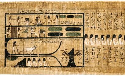 Gammel egyptisk dødebok på papyrus som viser skrevne hieroglyfer
