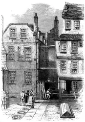 Gamle hus i tempelet og graven til Oliver Goldsmith, London, 1860