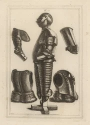 Eldgammel rustningdrakt for John de Courcy, Earl of Ulster 1, og pauldron, garde-messing, avant-messing eller vambrace of Duke of Monmouth 2
