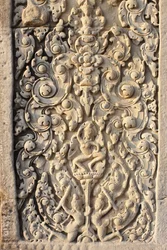 Angkor Wat, utskåret detalj på veggblomster, Siem Reap, Kambodsja