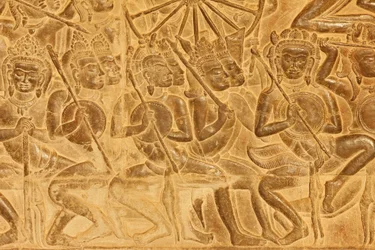 Angkor Wat Detalj av relieffskulptur fra slaget ved Kurukshetra, Siem Reap, Kambodsja