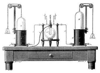 Antoine Lavoisier-apparat for å syntetisere vann fra hydrogen til venstre og oksygen til høyre, 1881
