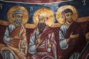 Apostlenes representasjon rundt Kristus og den siste dommen Detalj av den bysantinske fresken fra Narthex-hvelvet i kirken Asinou Siste domsscene 1300-tallet (1332) UNESCO, verdens kulturarvområde Troodos-regionen, Kypros