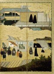 Ankomst av et portugisisk skip. Nanban-skjerm. Detalj: japanske kristne, ca. 1600