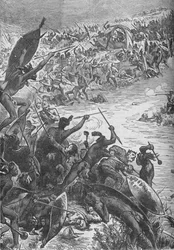 Zuluenes angrep på eskorten fra det åttiende regiment ved Intombe-elven, 1879, c1880