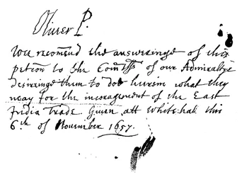 Autografnotat av Oliver Cromwell til en begjæring fra East India Company, november 1657, 1893