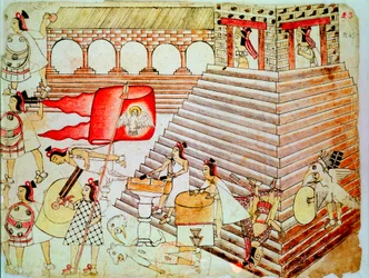 Aztekiske krigere forsvarer tempelet Tenochtitlan mot Conquistadors, 1519-1521