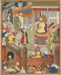Babur mottar bytte og Humayuns hilsen etter seieren over Sultan Ibrahim ..., ca. 1596-1597 eller
