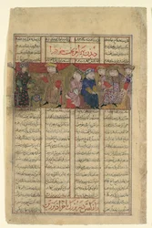 Bahram Chubina møter en dame som forutsier sin skjebne, Folio fra en Shahnama..., ca. 1330-40.